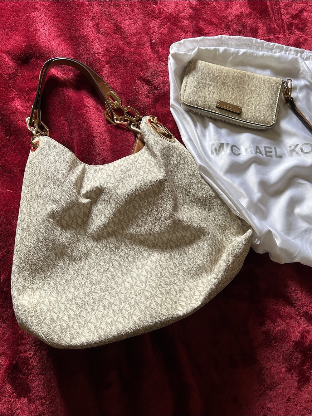 Michael Kors Cream Logo-Print Hobo Shoulder Bag with Matching Wallet